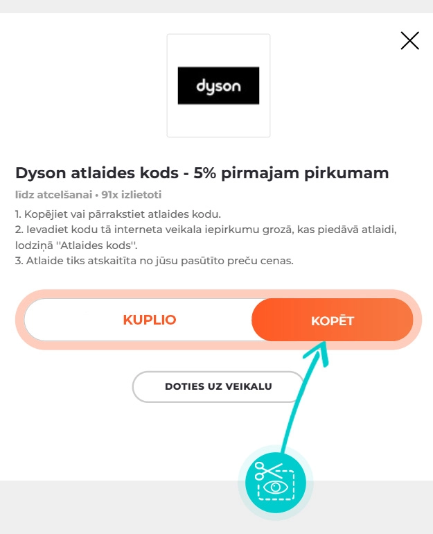 Kā nokopēt atlaides kodu Dyson