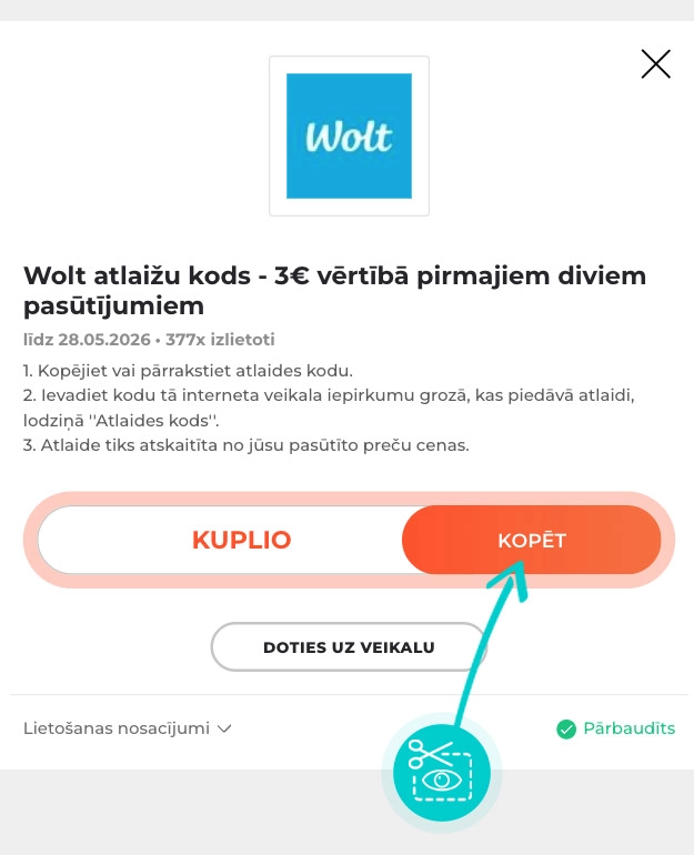 Kā nokopēt atlaides kodu Wolt