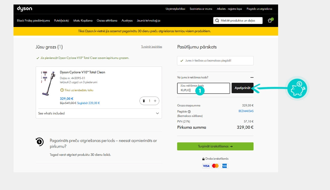 Kā piemērot atlaides kodu pirkuma grozā Dyson