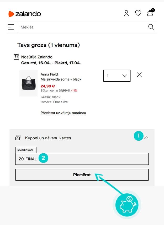 Kā piemērot atlaides kodu pirkuma grozā Zalando
