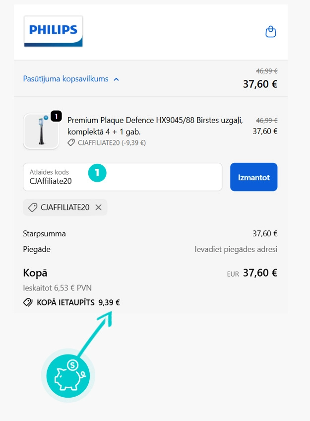 Kā piemērot atlaides kodu pirkuma grozā Philips