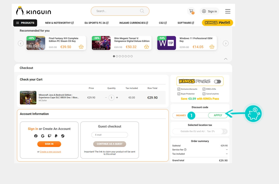 Kā piemērot atlaides kodu pirkuma grozā Kinguin