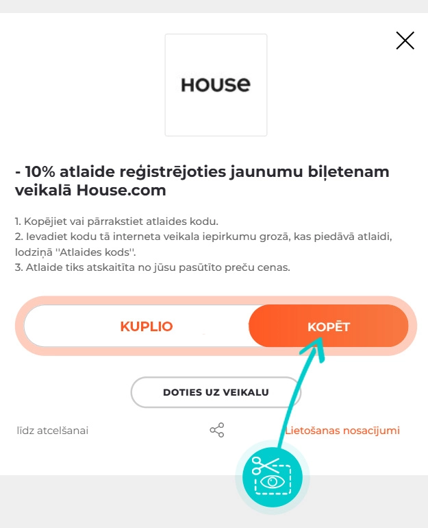 Kā nokopēt atlaides kodu House