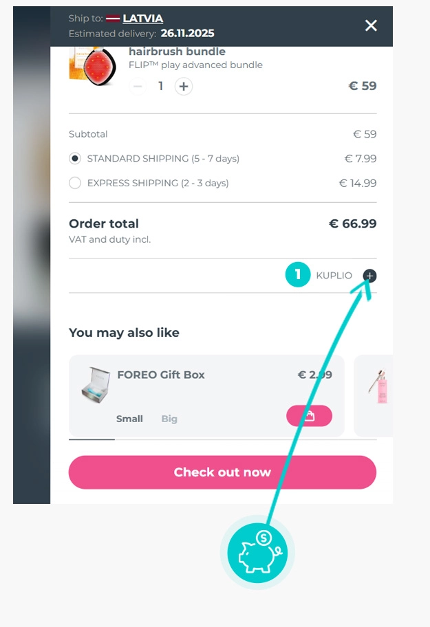 Kā piemērot atlaides kodu pirkuma grozā Foreo