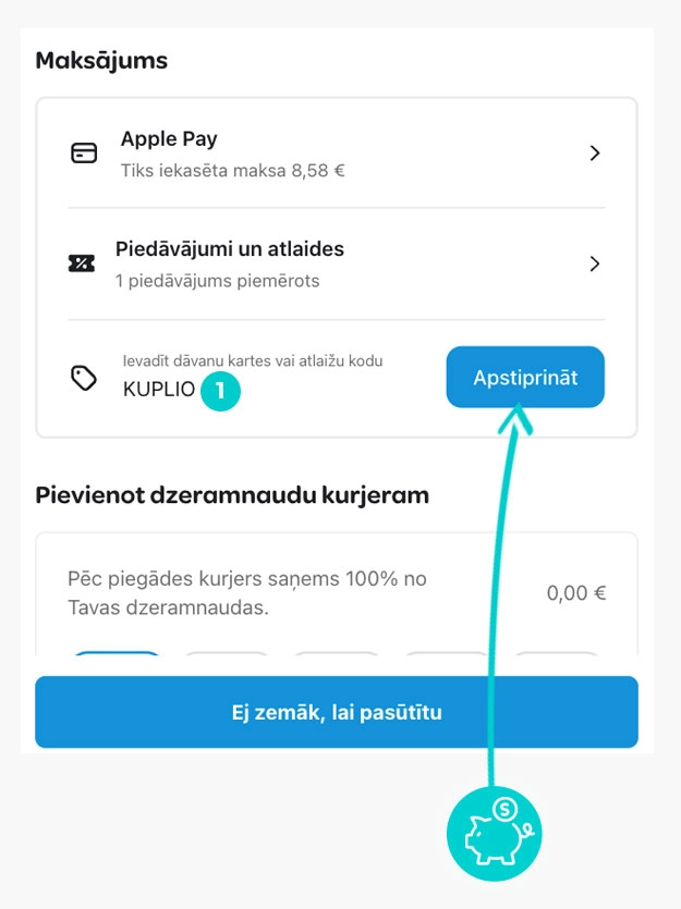 Kā piemērot atlaides kodu pirkuma grozā Wolt