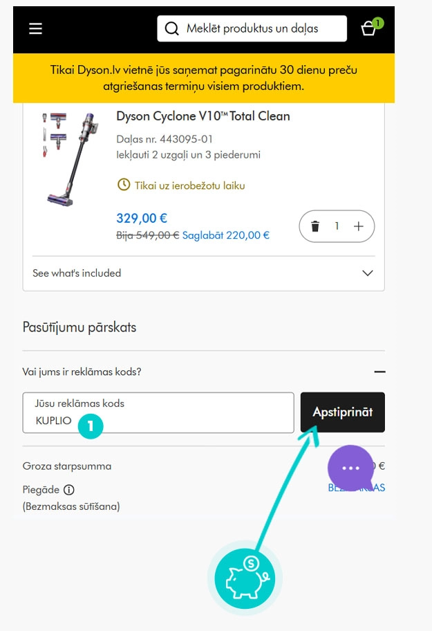 Kā piemērot atlaides kodu pirkuma grozā Dyson
