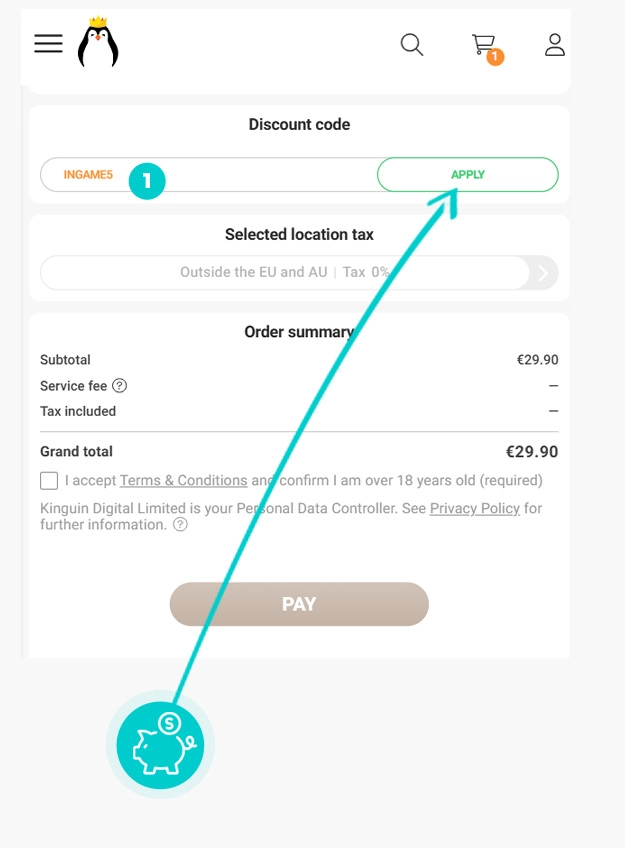 Kā piemērot atlaides kodu pirkuma grozā Kinguin