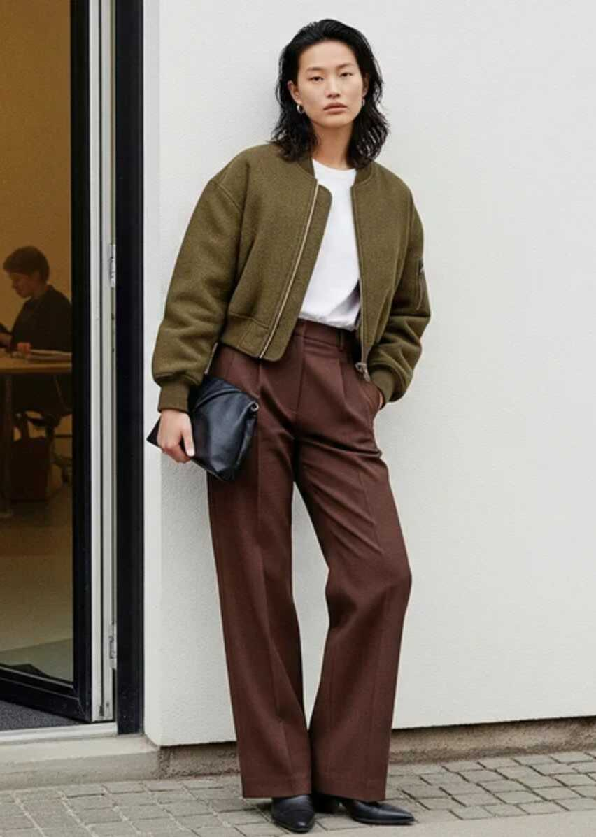 Sieviete brūnā tērpā ar melnu somiņu