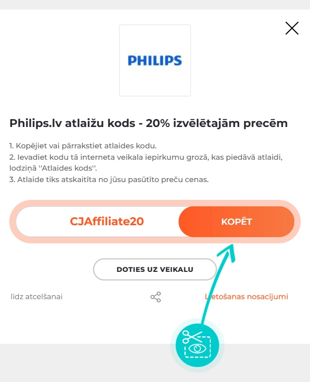Kā nokopēt atlaides kodu Philips